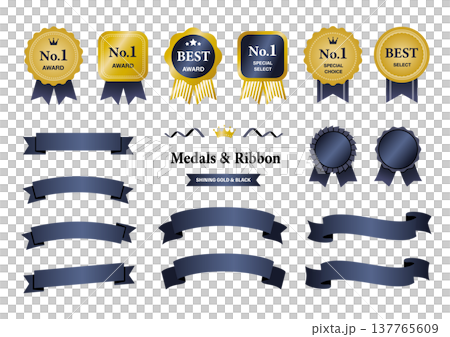 金と黒の高級アワードメダルとリボンバッジのセット（No.1・BEST・ランキング素材） 137765609