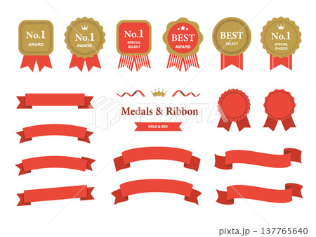 金と赤のアワードメダルとリボンバッジのセット（No.1・BEST・ランキング素材） 137765640