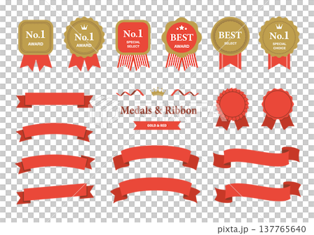 金と赤のアワードメダルとリボンバッジのセット（No.1・BEST・ランキング素材） 137765640