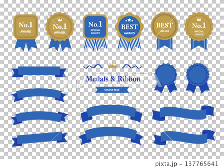 金と青のアワードメダルとリボンバッジのセット（No.1・BEST・ランキング素材） 137765641