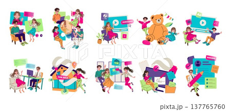 Vector illustration set featuring diverse digital interactions and entertainment tasks, including video streaming, gaming, and online learning. Characters engage in vibrant, dynamic activities. Vector illustration set featuring diverse digital interactions and entertainment tasks, including video streaming, gaming, and online learning. Characters engage in vibrant, dynamic activities. 137765760