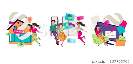 Vector illustration featuring a team of animated individuals engaging in various real estate activities. The image conveys teamwork, planning, and dynamic creativity in a real estate context. 137765763