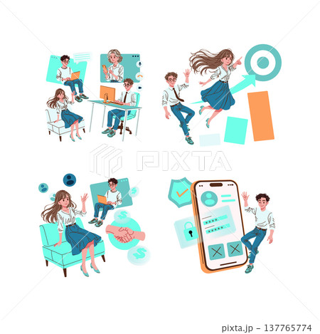 Vector illustration depicting a group of animated people engaging in business collaboration and technology activities. Scenes include communication through devices and security app setup. Vector illustration depicting a group of animated people engaging in business collaboration and technology activities. Scenes include communication through devices and security app setup. 137765774