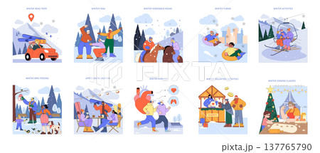 Vector illustration set depicting various winter activities. Includes road trips, yoga, horseback riding, tubing, skiing, bird feeding, apres-ski, running, volunteering, and cooking classes. 137765790