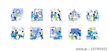 Set of vector illustrations depicting medical and educational research activities. Scenes include diverse individuals involved in laboratory work, discussion, and data analysis, emphasizing teamwork 137765815