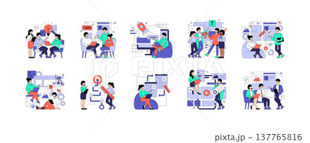 Vector illustration depicting a group collaborating on projects and launching ideas. Scenes include brainstorming, teamwork, software development, and project presentations, highlighting innovation 137765816