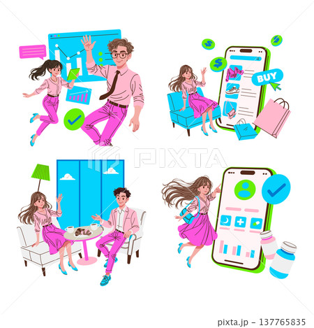 Colorful vector illustration featuring people engaging in online shopping on mobile devices and discussing over coffee at a cafe. The vibrant scene captures digital interaction and social moments. 137765835