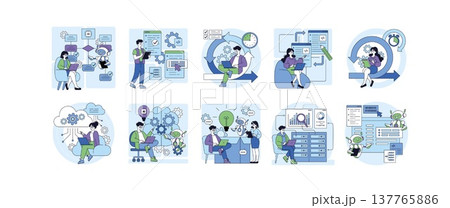 Vector illustration of individuals engaged in technology workflows with AI elements. Depicts scenes of collaboration, coding, and automation in a modern workspace setting. Vector illustration of individuals engaged in technology workflows with AI elements. Depicts scenes of collaboration, coding, and automation in a modern workspace setting. 137765886
