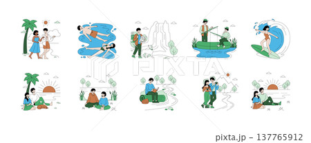 Vector illustration depicting various outdoor adventures, including beach walks, swimming, hiking, fishing, surfing, and scenic sunset views. Perfect for travel and leisure design projects. 137765912