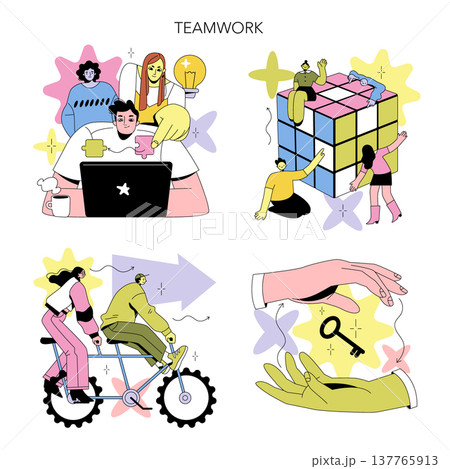 Vibrant vector illustration depicting teamwork in different scenarios including problem solving, collaboration, and creative solutions involving puzzles, cycling, and key exchanges. Vibrant vector illustration depicting teamwork in different scenarios including problem solving, collaboration, and creative solutions involving puzzles, cycling, and key exchanges. 137765913