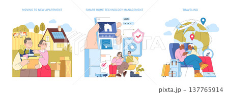 Vector illustration of seniors moving into a new home with solar panels, managing smart home technology and enjoying travel plans. Highlights daily life transitions and modern conveniences. 137765914