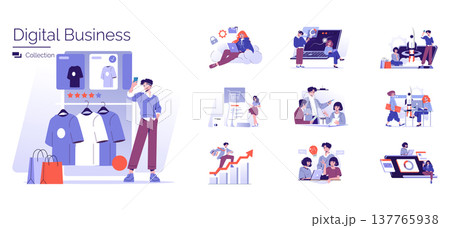 Vector illustration collection showcasing digital business themes. Includes online shopping, team collaboration, data analysis, and growth strategies, emphasizing remote work and e-commerce. 137765938