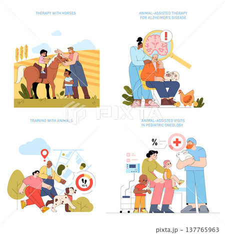 Vector illustration depicting diverse animal-assisted therapy sessions, including horse therapy, Alzheimer's support, training with animals, and pediatric oncology visits. Emphasizing care and Vector illustration depicting diverse animal-assisted therapy sessions, including horse therapy, Alzheimer's support, training with animals, and pediatric oncology visits. Emphasizing care and 137765963