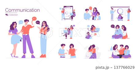 Vector illustration depicting diverse group interactions, showcasing different communication methods. Individuals are engaged in discussions, working together, and expressing emotions through dialogue Vector illustration depicting diverse group interactions, showcasing different communication methods. Individuals are engaged in discussions, working together, and expressing emotions through dialogue 137766029