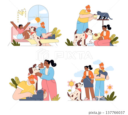 Vector illustration shows a family enjoying quality time with their pets. Scenes include playing, feeding, and walking with their dog and cat, highlighting joy and companionship. 137766037