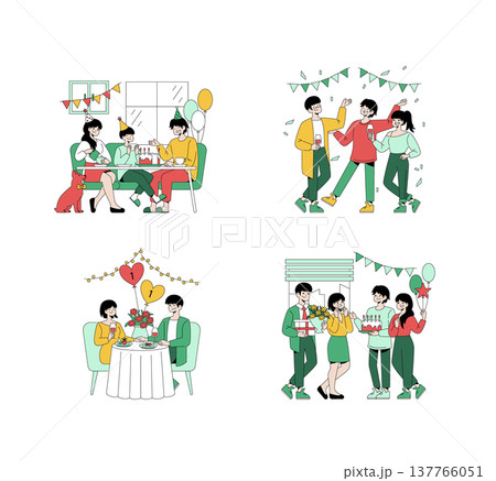 Vector illustrations depicting group celebrations and parties, including birthday gatherings, friendly get-togethers, and festive moments with balloons, cakes, and decorations. The images capture 137766051