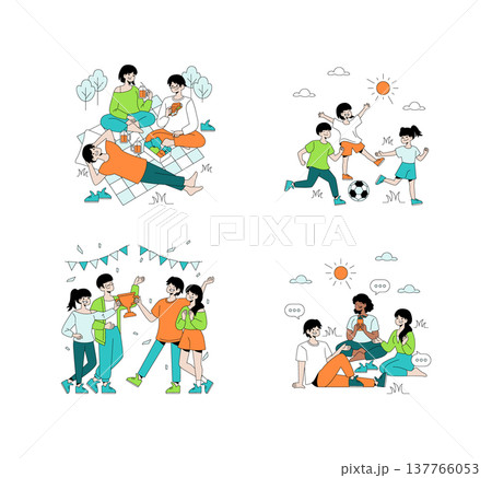 Vector illustration set showing group activities: family picnic, children playing soccer, friends celebrating with a trophy, and relaxed outdoor conversations. Emphasizes joy and companionship. 137766053