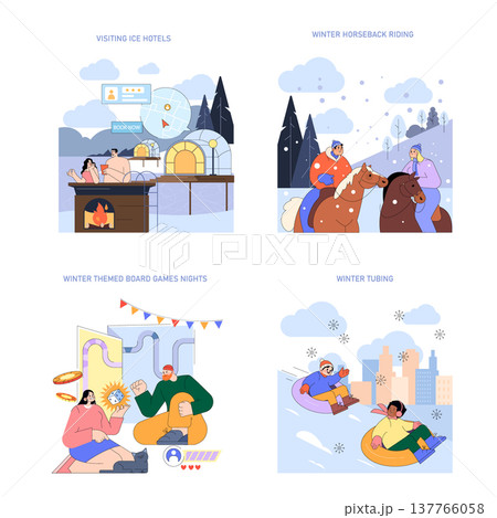 A collection of vector illustrations depicting various winter activities. Includes scenes of visiting ice hotels, winter horseback riding, cozy board game nights, and adventurous tubing in snowy 137766058