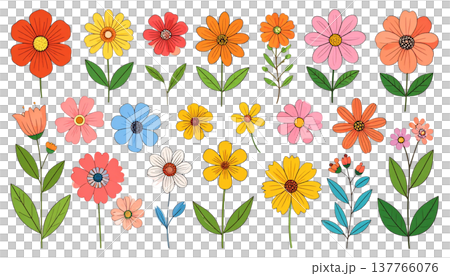 A vibrant decorative illustration featuring tulips and colorful spring garden flowers, with pink petals. 137766076