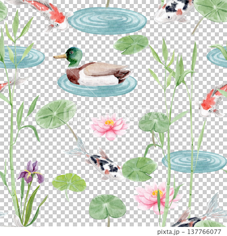 Seamless watercolor pattern with duck, koi fish, lotus flowers, lily pads, bamboo. Pond illustration with water ripples in Japanese garden style, repeating background for textile, wallpaper, packaging 137766077