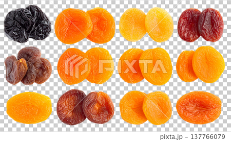 Healthy organic dried apricots and raisins are separated on a white background. 137766079