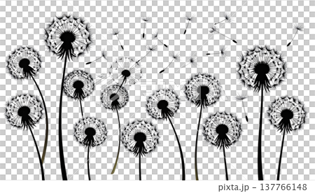 A macro illustration of a fluffy dandelion with scattered seeds, isolated against a white background. 137766148