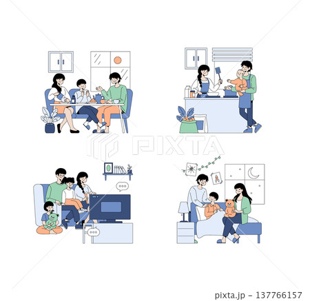 Vector illustration depicting family moments, including dinner at the table, cooking in the kitchen, watching TV together, and bedtime stories. Emphasizes family bond and daily life. 137766157