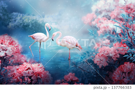 Two flamingos in lake, fantasy magical enchanted fairy tale night landscape with pair of birds Two flamingos in lake, fantasy magical enchanted fairy tale night landscape with pair of birds 137766383