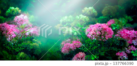 Fantasy roses flowers garden in dreamy forest with fairytale blooming green thickets background 137766390