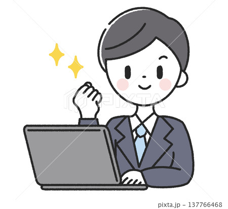 パソコンの前でガッツポーズをする男性社員 137766468
