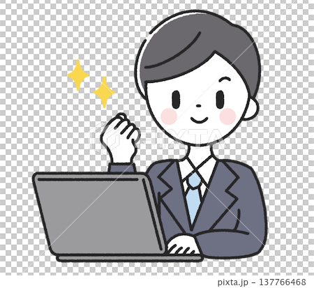 パソコンの前でガッツポーズをする男性社員 137766468