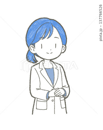 両手を前で組んでかしこまる白衣姿の医療関係者の女性の手書きイラスト素材 137766526