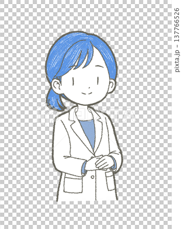 両手を前で組んでかしこまる白衣姿の医療関係者の女性の手書きイラスト素材 137766526