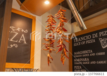 Traditional italian food interior showing pizza menu and decor elements. Visual suitable for travel editorial, gastronomy storytelling, cultural lifestyle content 137766611