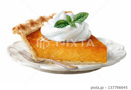 Watercolor slice of pumpkin pie topped with whipped cream in white dish clip art illustration isolated on white background 137766645