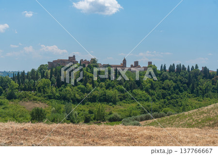 Panoramic view of a historic European town surrounded by green hills. Sunny day, traditional architecture and travel destination concept 137766667