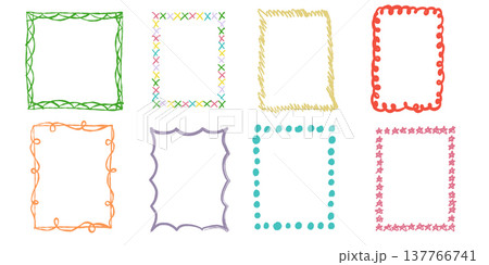 Collection of crayon doodle frames and boxes. Naive hand drawn borders for preschool education, kids posters, birthday cards, playful backgrounds and creative childhood illustrations. 137766741