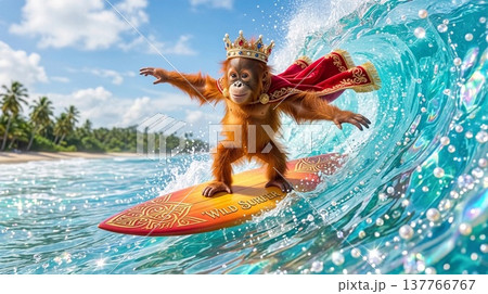 美しい南の海でサーフィンする王冠マントの赤ちゃんオランウータン 137766767