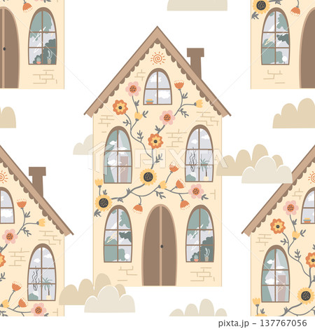 Seamless pattern with cute houses decorated with doodle flowers. Kawaii beige house background 137767056