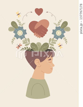 Mental Health. Support Harmony and Kindness. Boy Head with Heart and Flowers. Child Character and Positive Mindset. Wellness. Emotional Connection Empathy. Vector Illustration. Not AI Mental Health. Support Harmony and Kindness. Boy Head with Heart and Flowers. Child Character and Positive Mindset. Wellness. Emotional Connection Empathy. Vector Illustration. Not AI 137767178