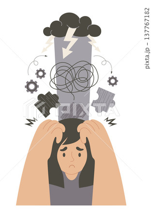 Mental Health. Stressed Sad Woman with Anxiety, Storm Cloud and Confusion Symbols. Female Psychological Burnout Concept. Vector flat Illustration. Not AI 137767182