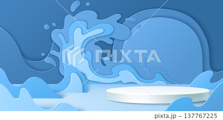 3d round podium stage with blue papercut waves 3d round podium stage with blue papercut waves 137767225