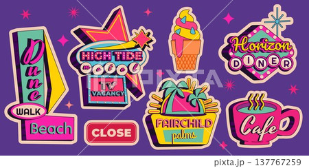 Vintage neon bar and motel signs with retro arrows 137767259