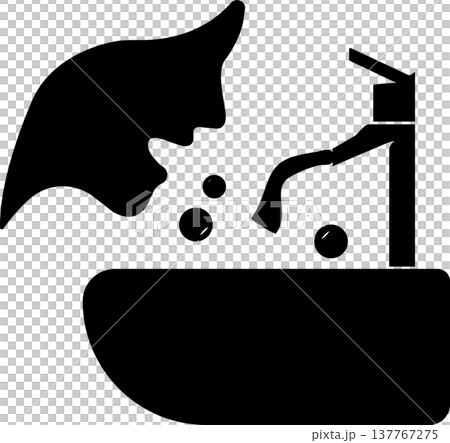 Woman leaning over bathroom sink washing face and drinking fresh water from faucet during morning hygiene routine 137767275