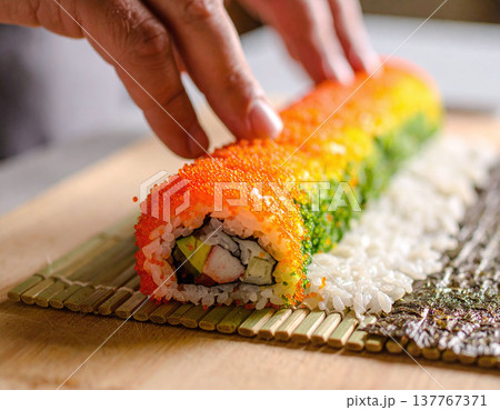 A chefs hands skillfully preparing a vibrant rainbow sushi roll covered in multicolored roe. This highquality image is ideal for culinary blogs, restaurant menus, and healthy dining media. 137767371