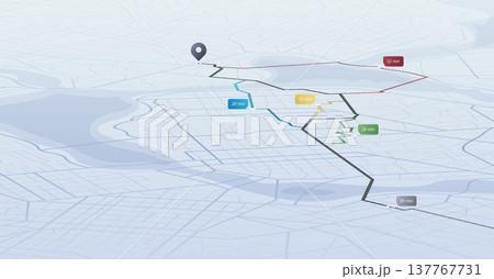 Concept of shortest path to the goal. Abstract navigation plan on city map. Isometric map with intended goal and several paths to destiny. Vector illustration 137767731