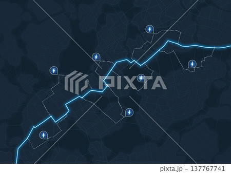 Digital map with highlighted blue line route. Map features several with power stations, points of electrical interest. Vector illustration 137767741