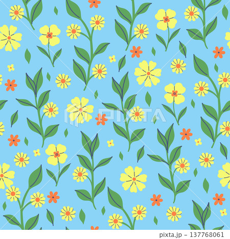 Seamless pattern with yellow flowers on a blue background. Vector graphics. Seamless pattern with yellow flowers on a blue background. Vector graphics. 137768061