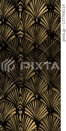 Art Deco golden fan pattern elegant background. Golden fan shapes forming a repeating decorative Art Deco pattern against a dark background Art Deco golden fan pattern elegant background. Golden fan shapes forming a repeating decorative Art Deco pattern against a dark background 137768119