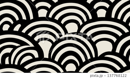 Black and beige geometric wave pattern design. Seamless geometric pattern featuring overlapping black arc shapes on a light background 137768122